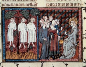 Henrettelser beordret av Enguerrand IV de Coucy. Louis IX yter rettferdighet. Miniatyr av Mahiet i "" Life and miracles of Saint Louis""", manuskript av Guillaume De Saint Pathus av Master of the Cambrai Missal Mahiet