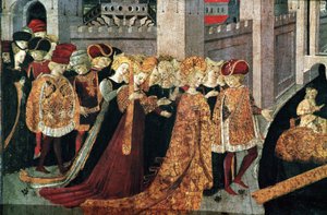 Decameron de Boccaccio (Jean Boccaccio): Chatelain Pericone ønsker Alatiel, datter av sultanen av Babylon Beminedab og hennes suite på øya Mallorca velkommen (Pericone da Visalgo ønsker Alatiel, datter av Beminedab, Sultanen av Babylon, velkommen på hei av Master of the Cassoni