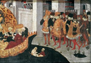 Decameron de Boccaccio (Jean Boccaccio): Chatelain Pericone ønsker Alatiel, datter av sultanen av Babylon Beminedab og hennes suite på øya Mallorca velkommen (Pericone da Visalgo ønsker Alatiel, datter av Beminedab, Sultanen av Babylon, velkommen på hei av Master of the Cassoni