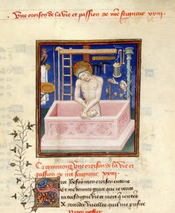 Detalj av en miniatyr av Kristus som sorgens mann i begynnelsen av en bønn til Kristus, Harley 4431, f.257, fra 