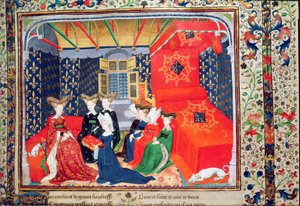 Harl 4431 fol.3 Christine de Pisan presenterer boken sin til dronning Isabella av Bayern, fra diktene til Christine de Pisan, ca. 1410-15 (vellum)