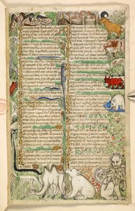 Legge til. 28841, f.3: Kannibaler, en by med murer, og eksotiske dyr, inkludert en sjiraff, løve, kamel og elefant, fra en avhandling om dyder og laster, og en anonym prosahistorie på Sicilia (fragment), ca. 1330- 40 (vellum)