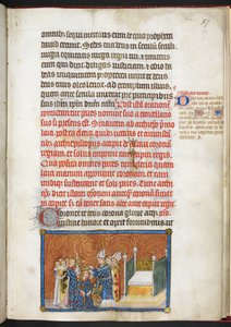 Cotton Tiberius B.VIII f.59 Erkebiskopen av Reims setter kronen på kongens hode, fra 'The Coronation Book of Charles V, King of France'