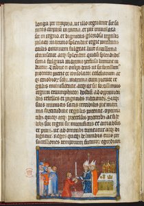 Cotton Tiberius B. VIII f.49v Erkebiskopen av Reims returnerer sverdet til kongen, illustrasjon fra 