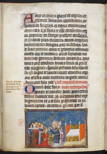 Cotton Tiberius B. VIII f.69v Erkebiskopen av Reims setter kronen på dronningens hode og baronene opprettholder kronen hennes, illustrasjon fra 'Kronningsboken til Charles V, kongen av Frankrike'
