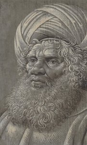Hodet til en skjeggete mann iført en turban recto, latinsk skrift verso, ca. 1510. av Master of the Death of Absalom