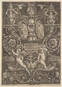 Et panel av ornament, putti stående på overflødighetshorn i nedre del, 1530-60. av Master of the Die