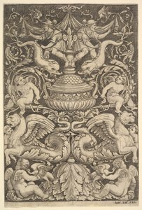 Et panel av ornament med en stor krukke i midten, putti og andre figurer, 1530-60.