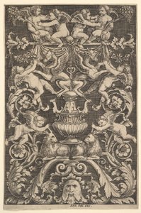 Et panel av ornament med putti, geit og andre figurer, 1530-60. av Master of the Die