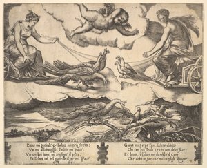 Allegory of Marriage and Love, Juno i en vogn trukket av påfugler til venstre, Venus i en ..., 1530-60.