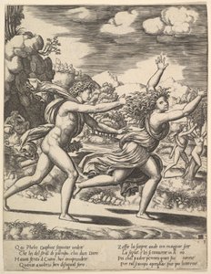 Apollo jager Daphne som slår opp med armene, i bakgrunnen til høyre viser moren..., 1530-60.