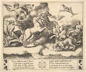 Apollo i sin hestetrukne vogn til venstre, over ham over Jupiter kaster et torden..., 1530-60.