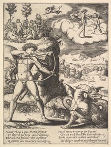 Apollo står til venstre og skyter en pytonslang med en pil, over til venstre er musen..., 1530-60.