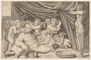 Bacchus omgitt av Putti, en statue av Priapus til høyre, 1530-60.