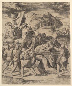 Kristus bærer korset omgitt av soldater, flere på hesteryggen, 1530-60. av Master of the Die