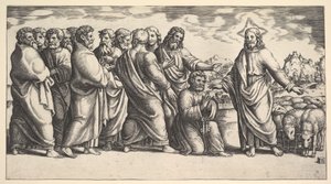 Kristus står til venstre og viser til en flokk sauer, foran ham kneler St. Peter hol..., 1530-60.