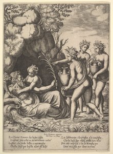 Daphne omfavner sin far, elveguden Peneus, til venstre bringer tre nymfer krukker ..., 1530-60.