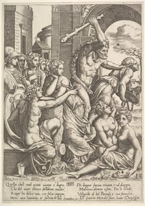 Misunnelse eller grådighet til høyre blir drevet fra musenes tempel av Hercules som ..., 1530-60. av Master of the Die