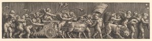 Frisearrangement som viser kjærlighetens triumf, Amor i en vogn ledet av geiter, mann..., 1530-60. av Master of the Die