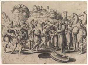 Joseph i sentrum ble solgt av brødrene hans som sto over en brønn, kameler til høyre, 1533.