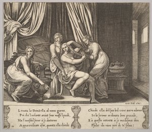 Plate 10: nymfer som hjelper Psyche med å kle håret hennes, fra 'The Fable of Psyche', 1530-60.