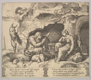 Plate 1: Apuleius forandret seg til et esel som lyttet til historien fortalt av den gamle kvinnen sp..., 1520-70. av Master of the Die