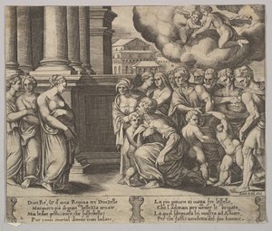 Plate 2: menneskene som gir guddommelig ære til Psyche, fra 'The Fable of Psyche', 1530-60. av Master of the Die