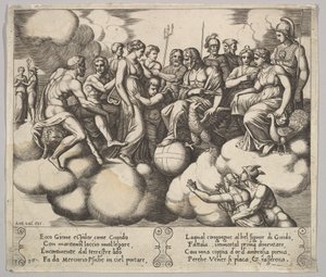 Plate 30: Venus og Amor tar sin sak i nærvær av Jupiter og andre guder..., 1530-60.
