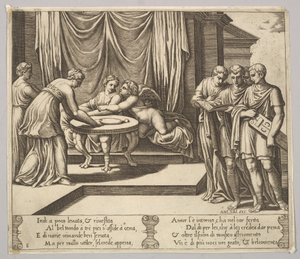 Plate 8: Psyche satt ved et bord og deltatt av usynlige tjenere, Eros ved siden av g..., 1530-60.