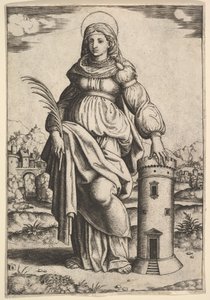 Den hellige Barbara står med håndflaten i høyre hånd og hviler venstre hånd på et tårn, 1530-60.