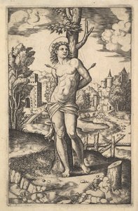 Saint Sebastian bundet til et tre gjennomboret av piler, 1530-60.