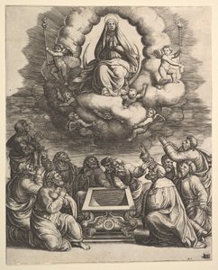 The Assumption of the Virgin, under apostlene omgir graven, 1530-60. av Master of the Die