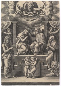 Jomfruens kroning, nederst til venstre står døperen Johannes, nede til høyre ..., 1530-60. av Master of the Die