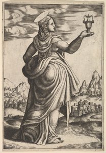 Magdalene står vendt mot høyre, krukke holdt i sin løftede høyre hånd, 1530-60. av Master of the Die