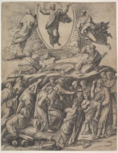 Kristi forvandling som vises øverst i midten, under ham forskjellige skikkelser inkludert, 1530-60. av Master of the Die