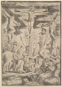 Omvendelsen av centurionen som slår armene åpne foran Kristus på korset, 1532.