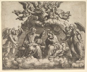 Jomfruens kroning, Kristus holder kronen over hodet hennes, Gud Faderen velsigne..., 1532.