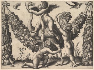 Tre putti foran en stor krans, den i midten rir på en struts, fra en ..., ca. 1530-40. av Master of the Die