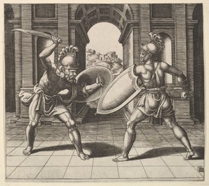 To gladiatorer som kjemper foran en bue, 1530-60.