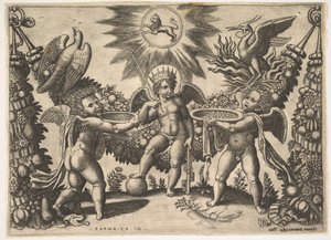 To putti presenterer kopper fulle av gull til en putto i skikkelse av rikdommens gud..., ca. 1530-40.
