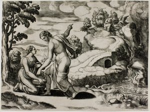 Venus beordrer Psyche til å søke vann fra en fontene bevoktet av drager av Master of the Die