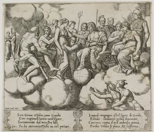 Venus og Amor ber om sin sak i nærvær av Jupiter og andre guder av Master of the Die