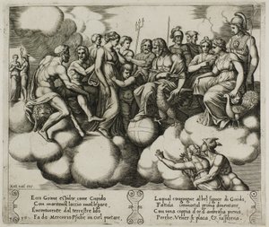 Venus og Amor ber om sin sak i nærvær av Jupiter og andre guder av Master of the Die