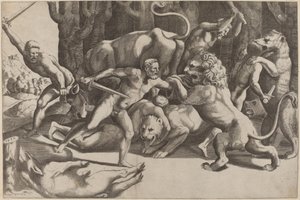 Fem menn som kjemper mot beist av Master of the Die after Giulio Romano