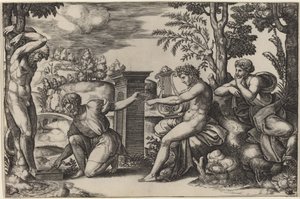 Apollo og Marsyas av Master of the Die after Raphael