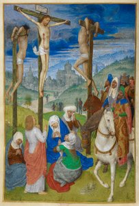 Korsfestelsen. Korsets timer. Kristus på korset mellom de to tyvene, med flere skikkelser; tre på hesteryggen. Johannes står, og jomfruen og tre Marie sitter, ved foten av korset. Utsikt over Jerusalem i bakgrunnen.