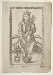 Apollo fra Tarocchi, serie D: Apollo and the Muses, #20, før 1467. av Master of the E-Series Tarocchi