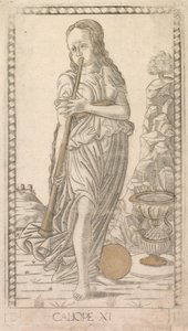 Calliope fra Tarocchi-serien D: Apollo and the Muses, #11, før 1467. av Master of the E Series Tarocchi