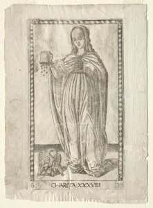 Veldedighet fra Tarocchi, serie B: Cosmic Principles & Virtues, #38, før 1467.