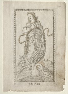 Clio-historie fra Tarocchi-serien D: Apollo and the Muses, #19, før 1467. av Master of the E Series Tarocchi